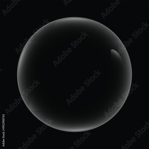 A single transparent spherical bubble with subtle light reflections and a soft gradient of gray and white against a stark black background representing a