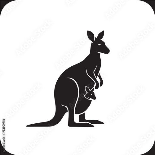 Kangaroo Mother Joey Silhouette Black Vector Standing Australian Wildlife Marsupial Baby In Pouch Animal Family Graphic Design Icon Isolated White Background