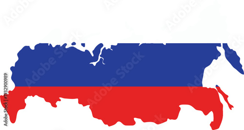 Map of Russia filled with the national flag colors white blue and red on a transparent background representing the vast country's geographical outline