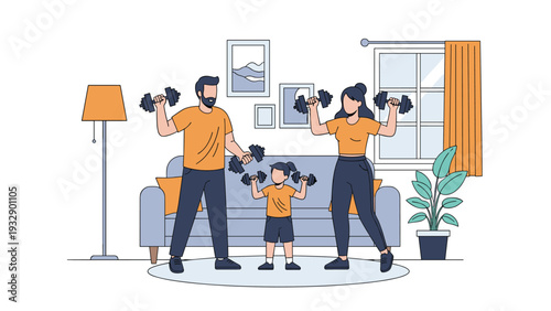 Active family consisting of a father mother and young daughter lifting dumbbells while exercising in their living room.