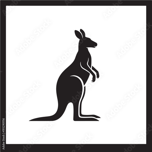 Black Kangaroo Standing Upright Silhouette Vector Framed Design Australian Wildlife Marsupial Animal Full Body Graphic Icon Isolated White Background EPS Art