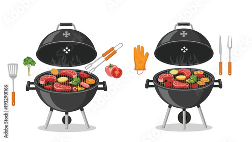 Two classic charcoal barbecue grills cooking various meats and vegetables with utensils and safety gloves nearby.