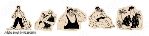 Hand drawn summer male vacation doodles featuring men traveling, relaxing poolside, snorkeling, floating in an inflatable ring and enjoying tropical drinks