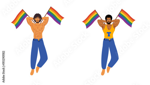two illustrations of shirtless man holding rainbow flags on white background