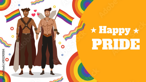 two muscular men wearing capes and boots holding hands near rainbow flags