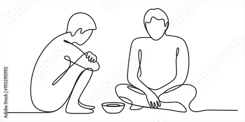 Continuous line drawing of two people sitting on the ground sharing a small bowl of food together Vector, illustration