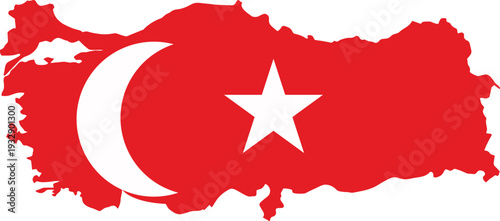 Outline map of Turkey filled with its national flag colors red and white featuring the white crescent moon and star symbol on a white background Keywords