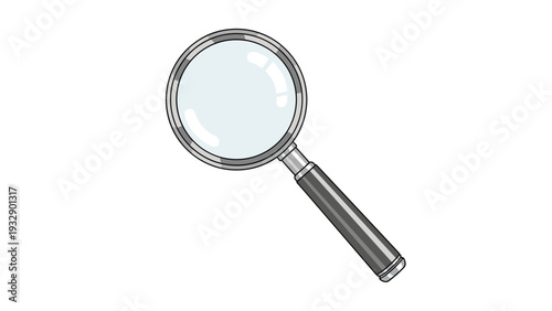 Professional magnifying glass with a silver metal frame and a black handle isolated on a plain white background for search.