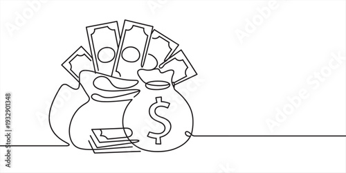 Continuous line drawing of several money bags and dollar bills on a white background Vector, illustration