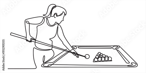 Continuous line drawing of a woman holding a cue stick and aiming at a pool table Vector, illustration