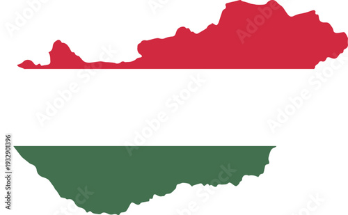 Outline of Hungary filled with the Hungarian national flag colors red white and green with a white background showing the countrys geographical shape and