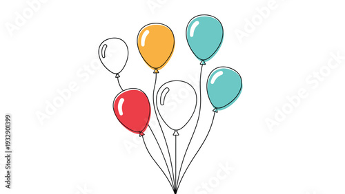 Cheerful bunch of six balloons in red yellow blue and white colors floating against a white background.