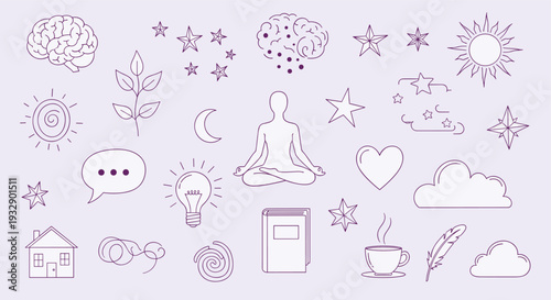 Collection of abstract icons representing mental wellness creativity and learning with a light purple background and purple line art elements