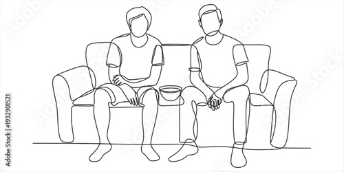 Two friends sitting on a couch watching a movie with a bowl of popcorn in continuous line art. Vector, illustration