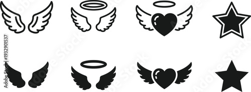 Icon bundle angel wings halos hearts and stars vector graphics