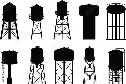 Water tower silhouettes collection, industrial storage tanks set, urban infrastructure structures, black vector illustration isolated on white