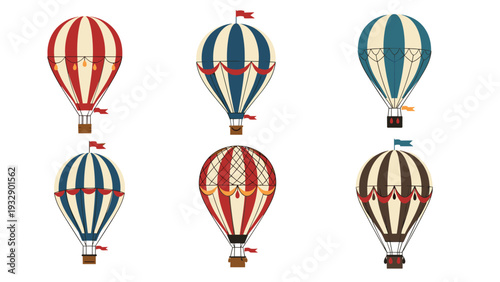 Collection of six vintage hot air balloons with various striped and ornate patterns in red blue and brown colors.
