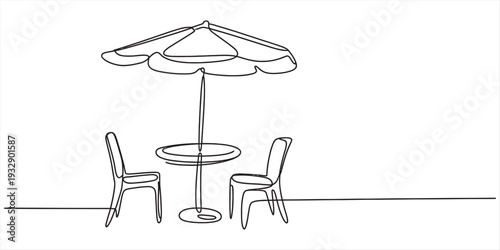 Continuous line drawing of a patio set with a table two chairs and a large sun umbrella. Vector, illustration