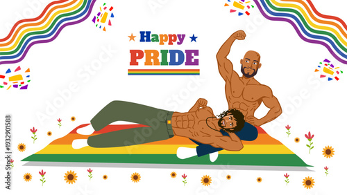 Muscular man flexing muscles while his partner rests on rainbow picnic blanket