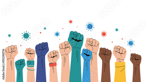 Multiple raised fists of different skin colors surrounded by floating virus icons, symbolizing unity, social justice, and resilience during pandemic.