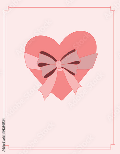Pink heart with ribbon bow inside elegant frame border romantic love greeting card design for valentine celebration concept
