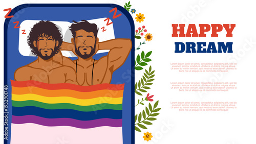 Gay couple sleeping together under rainbow pride blanket illustration