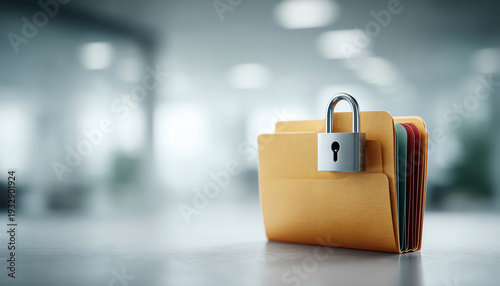 Secure folder privacy protection confidential document office safety concept, yellow file folders with padlock on desk, blurred background