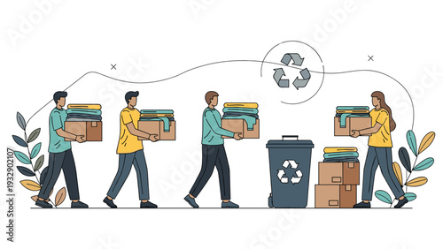 Group of volunteers carrying boxes filled with folded clothes toward a recycling bin, promoting eco-friendly habits and charity donations.