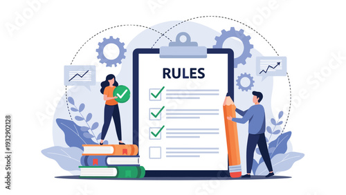 Two people working together to fill out a giant rules checklist on a clipboard with a large pencil, symbolizing compliance and organization.