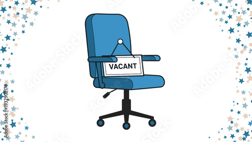 Blue office swivel chair with a vacant sign hanging from the armrest, set against a background with a decorative border of blue stars.