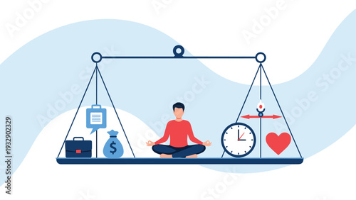 Person meditating in a lotus position on a balance scale surrounded by work and life icons, representing the concept of work-life equilibrium.