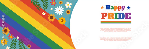 Happy pride text with diagonal rainbow stripes and flowers on blue corner