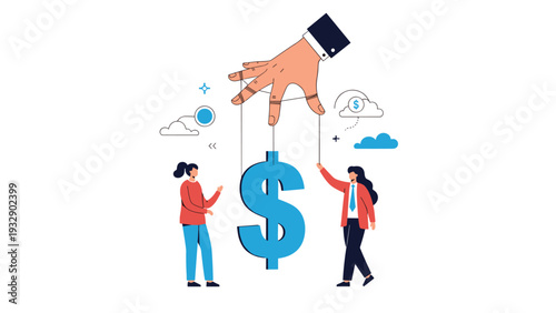 Large hand manipulating two business people like puppets using strings attached to a dollar sign, depicting financial control and greed.