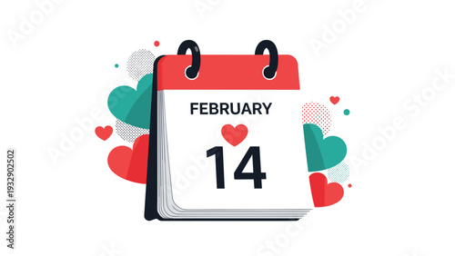Desk calendar page for February 14 decorated with colorful red and green hearts, marking the date for Valentine's Day celebrations and love.