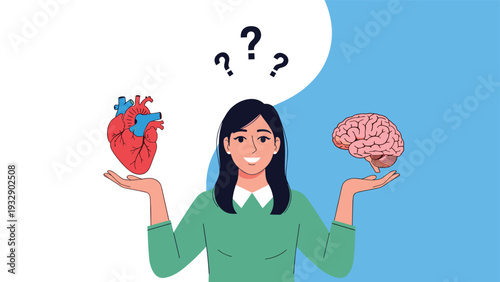 Woman with a thoughtful expression balancing a realistic heart and a brain in her hands, representing the conflict between emotion and logic.