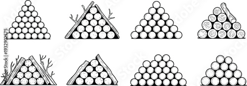 Firewood and timber log stacks line icon collection, triangular wood piles with branches outline vector illustration set