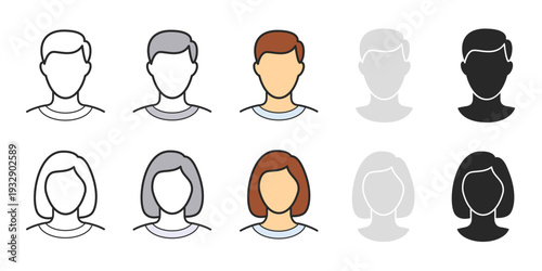 various simple generic anonymous human male female man woman head portrait with blank faces icon symbol set for profiles or avatars vector illustration on transparent background