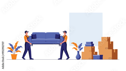 Two professional movers in uniform carrying blue sofa in house during relocation process with cardboard boxes in background.