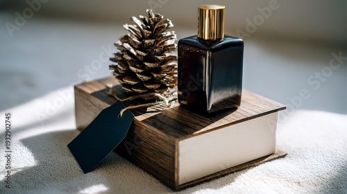 Still life of a brown bottle, pinecone, and tag on a wood block, soft light