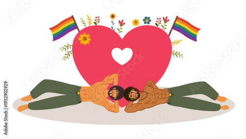 two shirtless men lying together in front of big pink heart shape