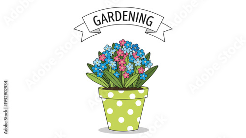 Beautiful blue and pink forget-me-not flowers growing in green polka dot pot with gardening banner for home decoration.