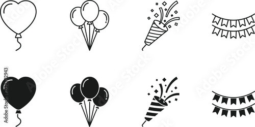 Icon bundle featuring heart balloons confetti and party decorations