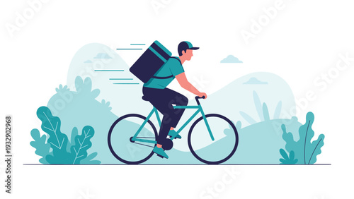 Fast delivery man riding bicycle with thermal bag on his back for quick food or package transport in urban environment.