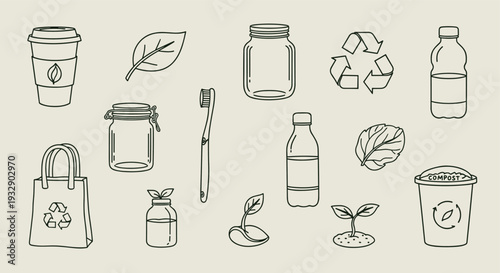 Collection of eco-friendly and sustainable lifestyle objects and symbols for a greener planet concept