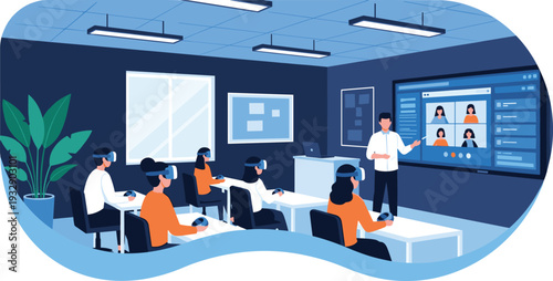 Virtual reality classroom training with students using VR headsets and digital learning technology vector illustration