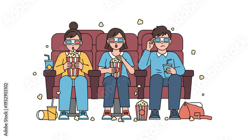 Friends sitting in cinema hall wearing 3D glasses eating popcorn and drinking soda while watching entertaining movie premiere.