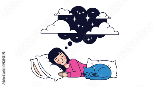 Young girl sleeping peacefully in her bed with her cute blue cat under beautiful starry night sky with clouds for good night rest.