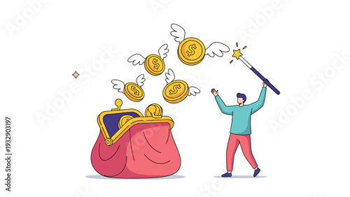 Man using magic wand to make gold coins fly out of large pink purse representing wealth creation or financial miracles.
