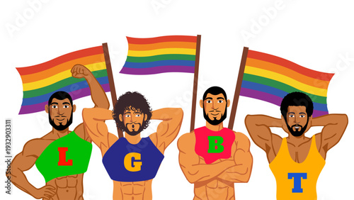 Four muscular men wearing crop tops with lgbt letters and pride flags