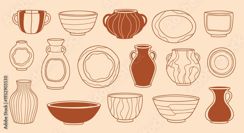 Collection of Hand Drawn Ceramic Pottery Vases and Bowls in Earth Tones on a Light Beige Background